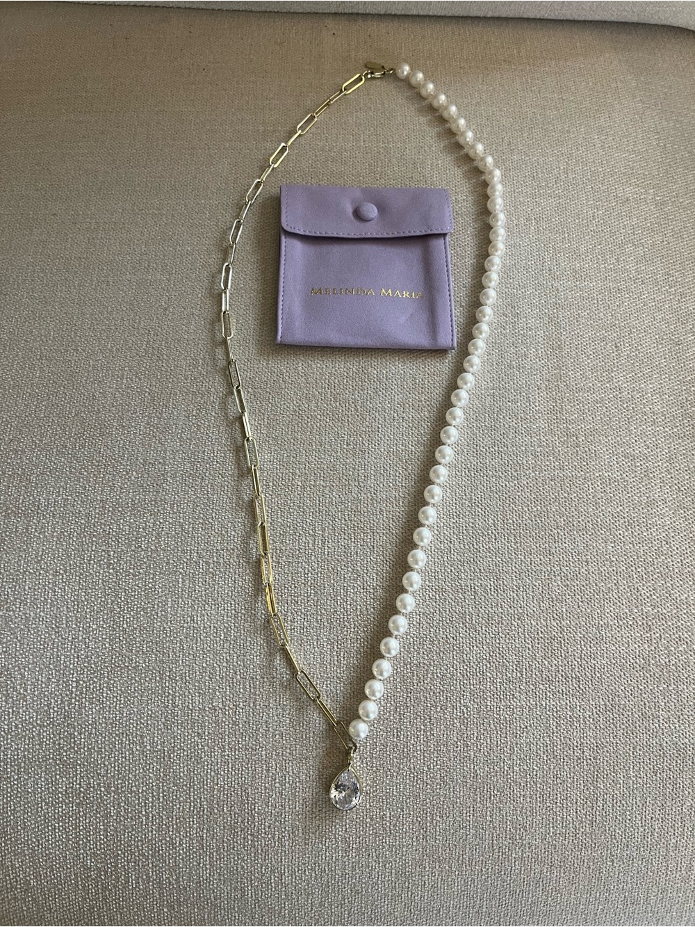 Melinda Maria Savanna Half Chain Pearl Necklace with Detachable Teardrop 30” - Picture 5 of 5